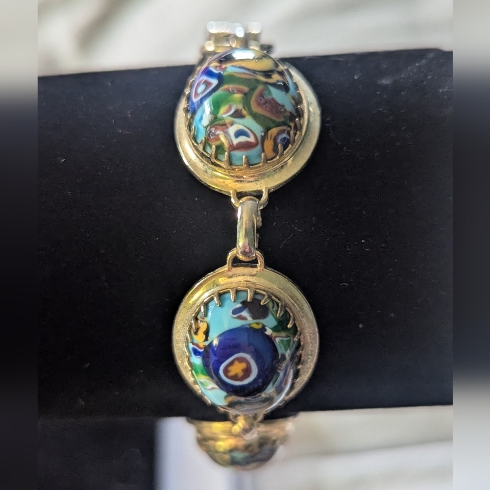 Vintage Bracelet Silvertone Glass Beads Murano Style Multi Color Artisan